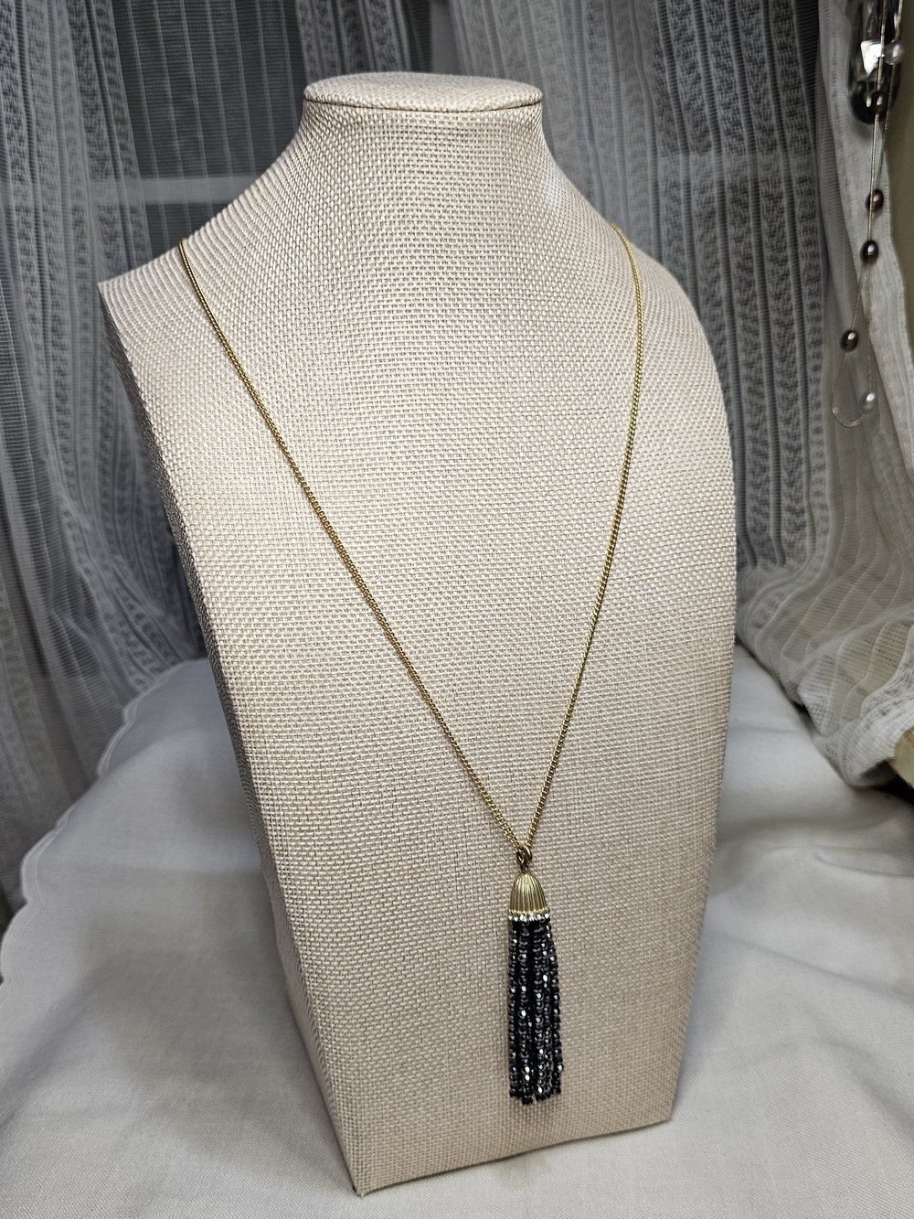 J. Crew Gold Tassel Pendant Necklace with Black Beaded Fringe